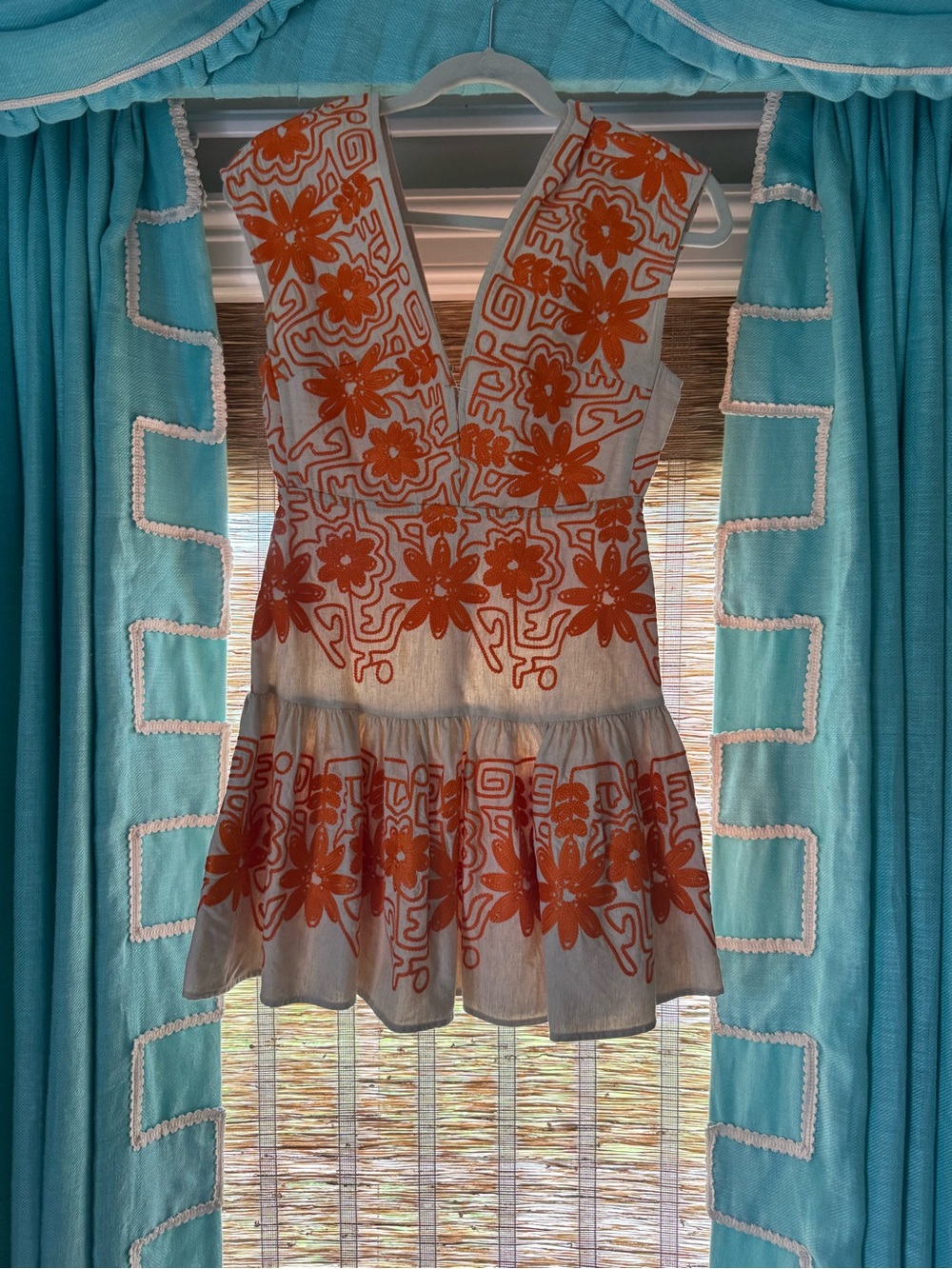 Maje White Dress with Bright Orange Floral Embroidery